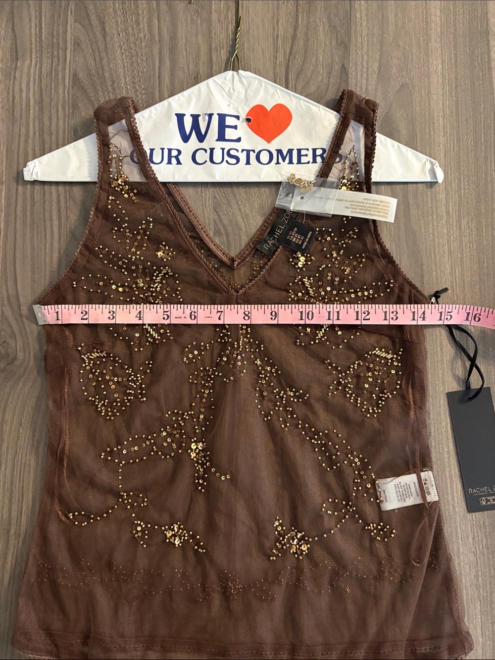 Sheer Embellished Brown V-Neck Mesh Tank Top - Picture 9 of 17
